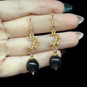Earrings black obsidian moon hook CZ gemstone fashion accessories jewelry gift